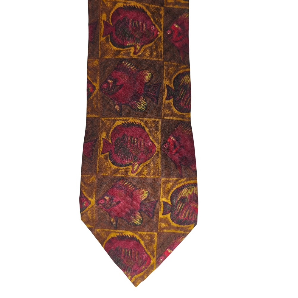 Ermenegildo Zegna Tie Mens OS Brown Burgundy Silk Tropical Fish Made in Italy